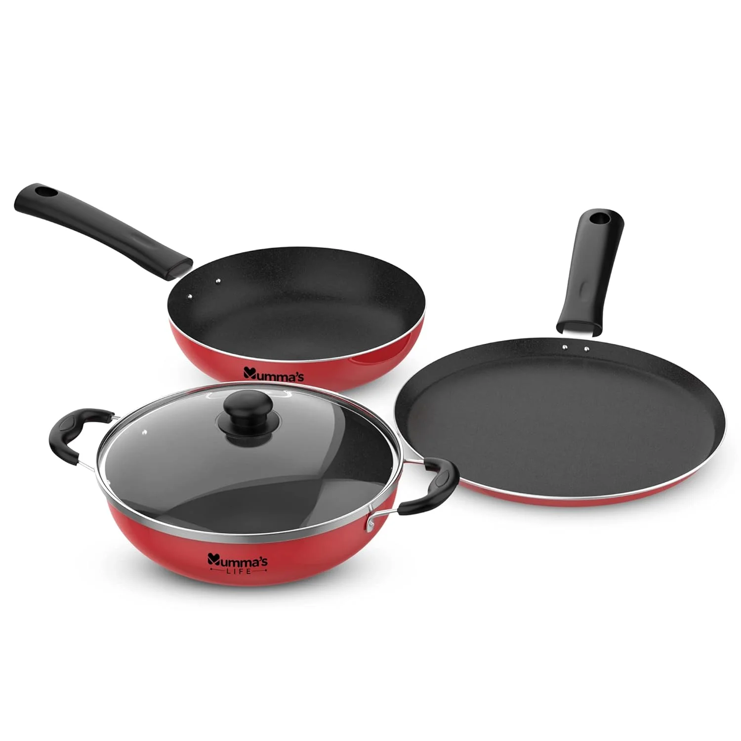 Mummas-LIFE-3 Piece Aluminium Non-Stick Cookware Set (Fry Pan, Kadhai & Tawa Red) | Buy Online India